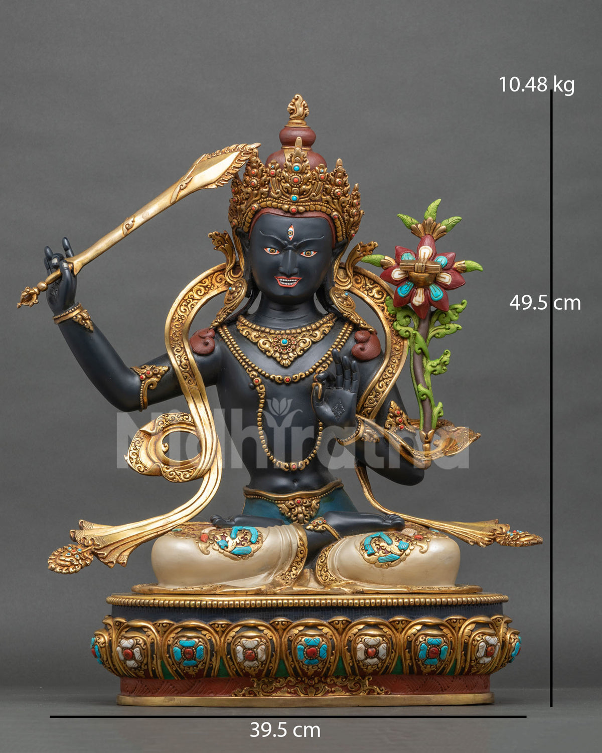 Black Manjushri Statue front view with gold gilded flaming sword and lotus, handcrafted in Nepal