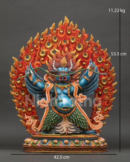 Blue Garuda statue front view with flaming halo and outstretched wings