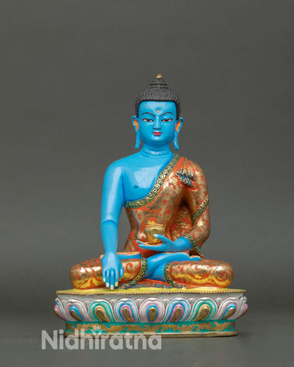 blue shakyamuni buddha statue front view, handpainted copper buddhist art on lotus seat
