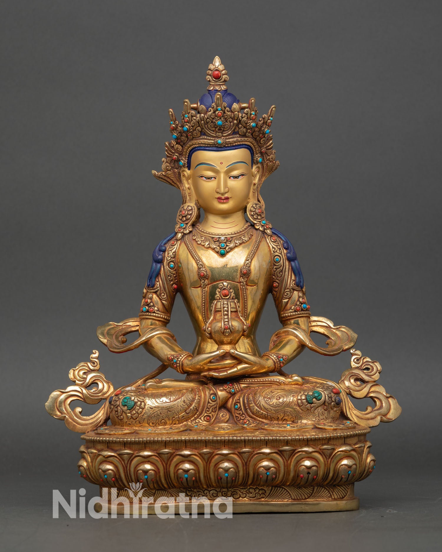 Bodhisattva Amitayus Statue Front View, Lost-Wax Cast Copper with Gold Gilding, Nepal