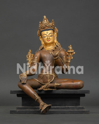 Bodhisattva Statue from Nepal with 24K gold details and wooden throne base
