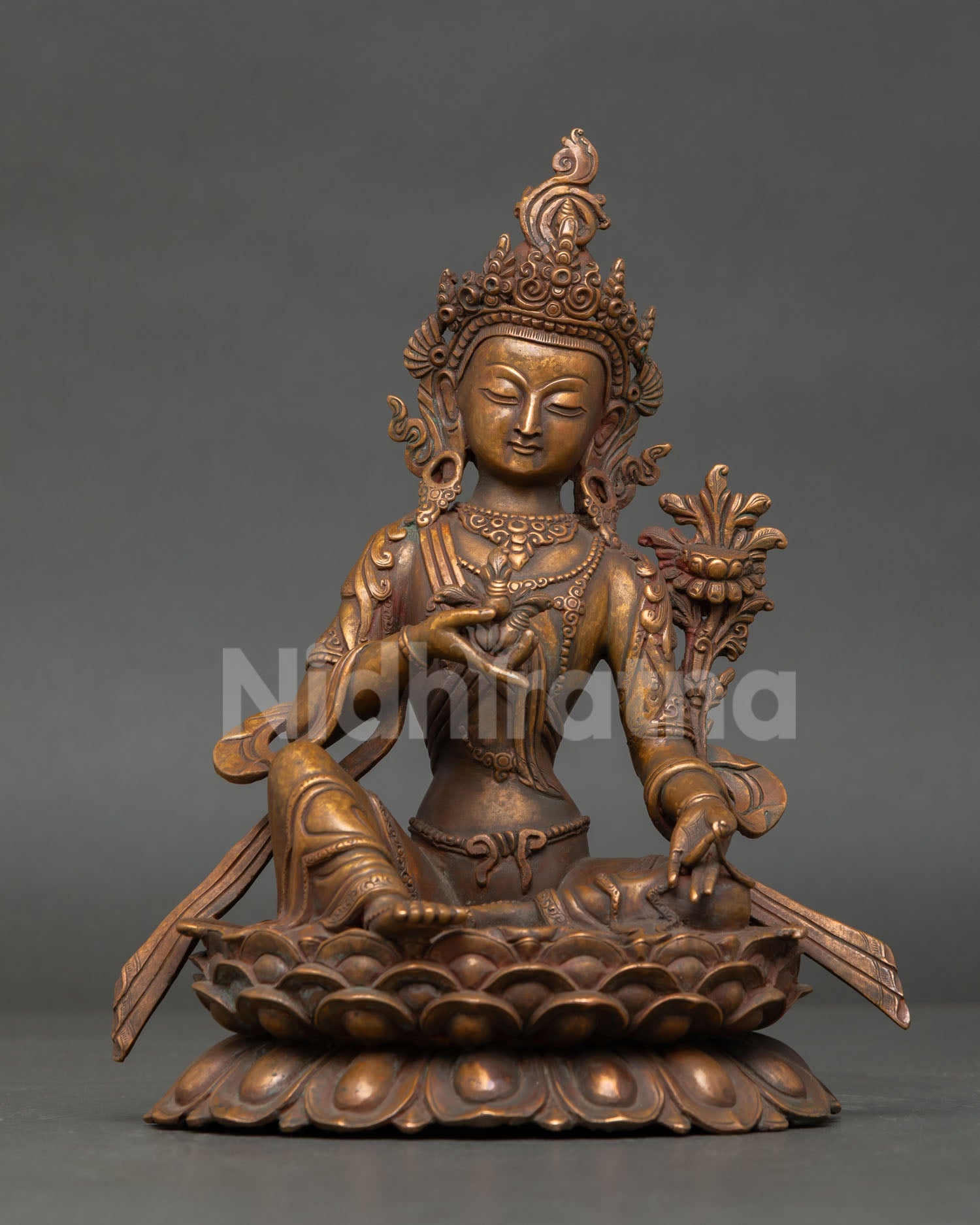 Bodhisattva Statue with Antique Oxidized Copper Finish on Lotus Throne