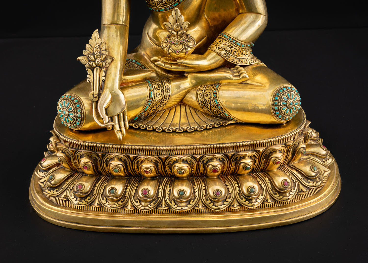 Bottom view of Medicine Buddha ornate gilded lotus pedestal with detailed petal carvings, Nepal statue