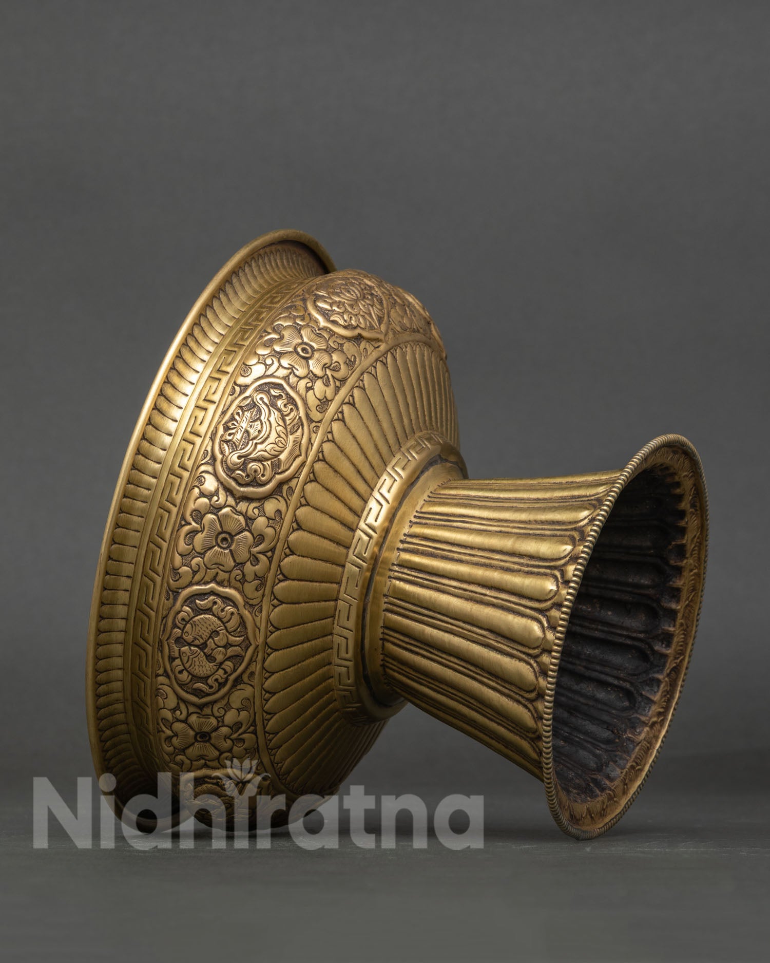 Brass Buddhist Food Offering Bowl engraved with Eight Auspicious Symbols