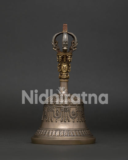 Bronze Buddhist Bell Ghanta with intricate sacred carvings