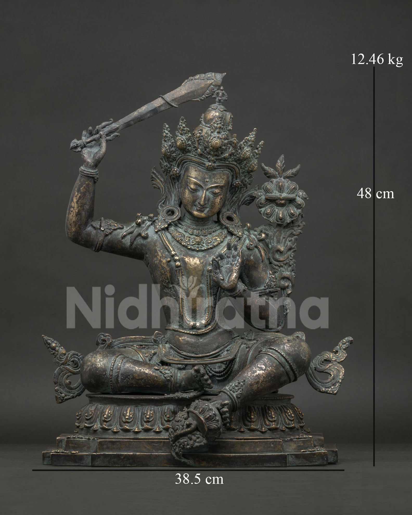 Manjushri Statue Lhasa in Lalitasana, handcrafted bronze Tibetan Buddhist bodhisattva front view
