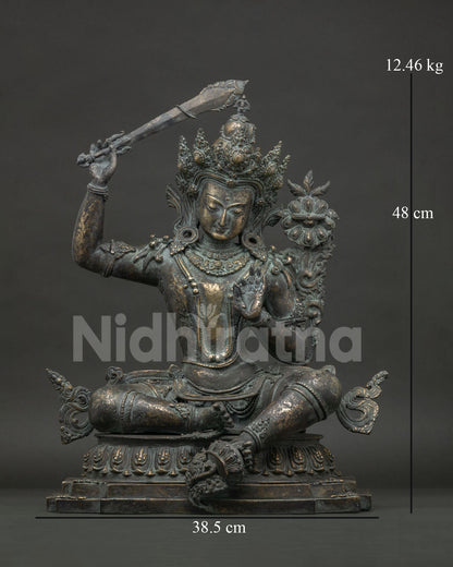 Manjushri Statue Lhasa in Lalitasana, handcrafted bronze Tibetan Buddhist bodhisattva front view