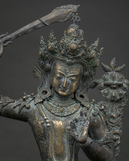 Bronze Manjushri Statue Luang Prabang, close up, Nepalese Buddhist bodhisattva sculpture detail