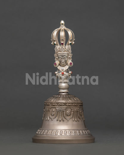 Bronze Tibetan Ghanta Bell with pure silver handle and gemstone deity carving