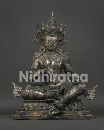 Bronze Vajrasattva statue front view, handcrafted Nepali Dorje Sempa with antique finish