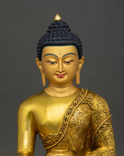 Buddha sculpture, featuring a serene gold painted face and intricate floral carvings