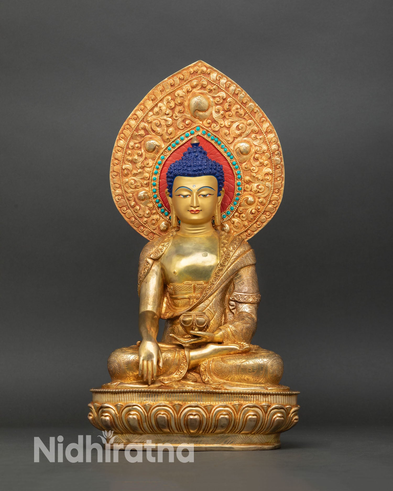 Buddha Shakyamuni front view copper sculpture bhumisparsha mudra, handmade Newari artisan Buddhist altar decor 