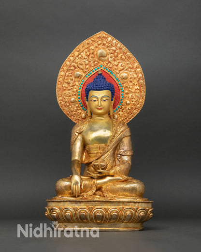 Buddha Shakyamuni front view copper sculpture bhumisparsha mudra, handmade Newari artisan Buddhist altar decor 
