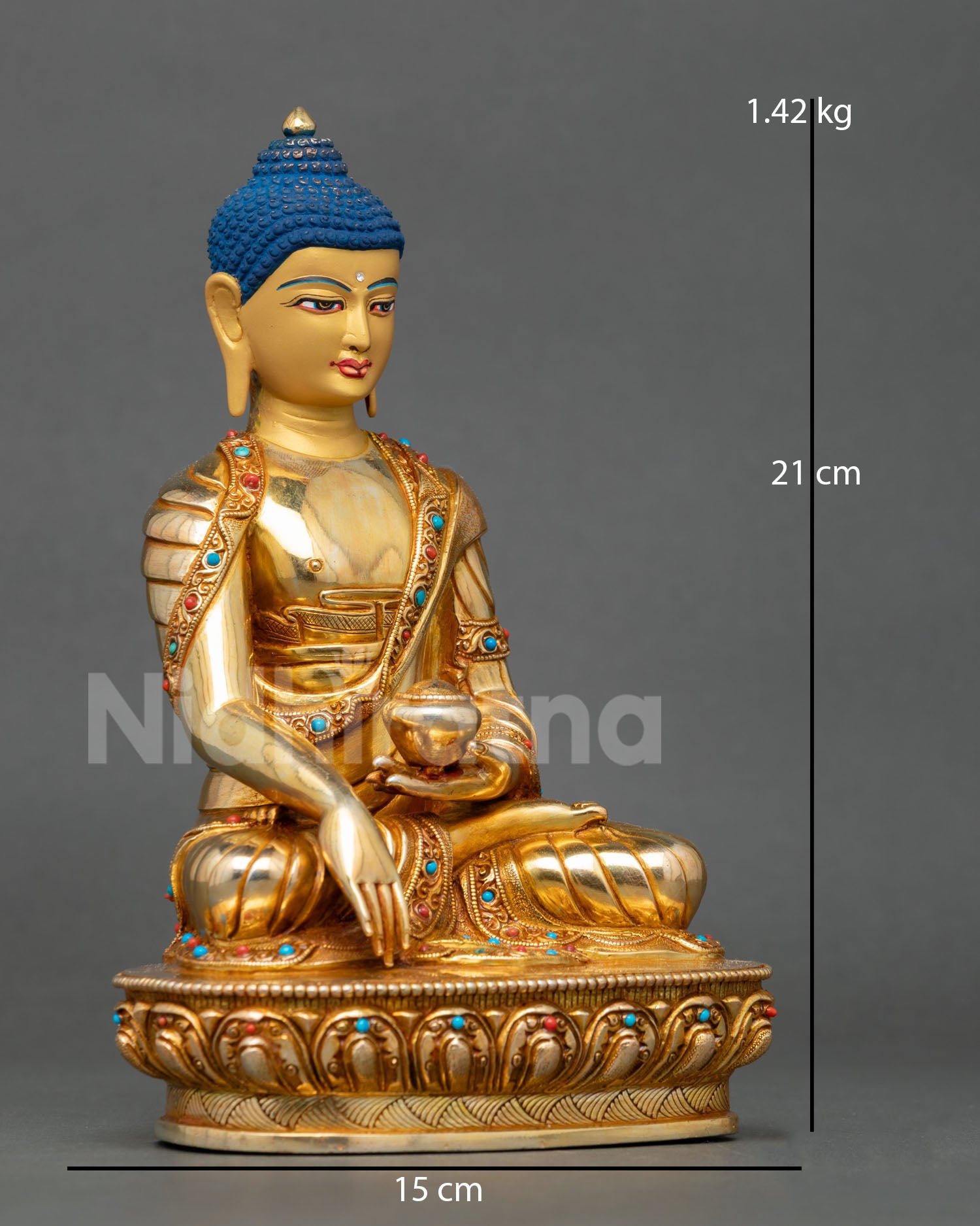 Buddha Shakyamuni seated in meditation on a lotus throne holding a patra bowl