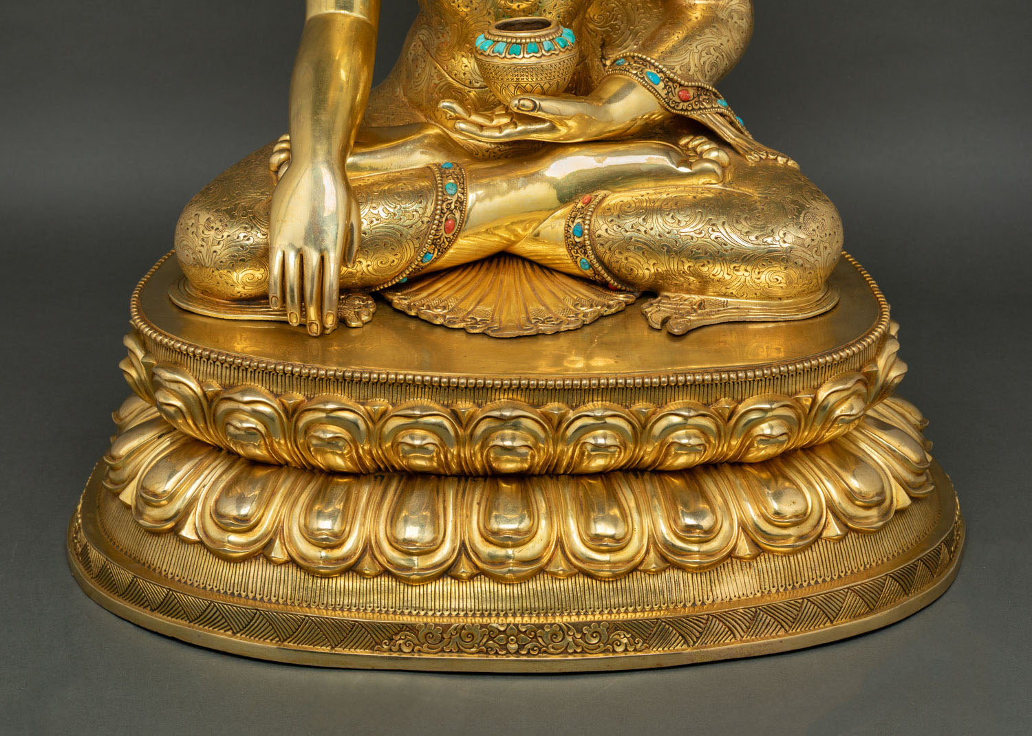 Buddha Shakyamuni Statue double lotus pedestal base with detailed carving close-up
