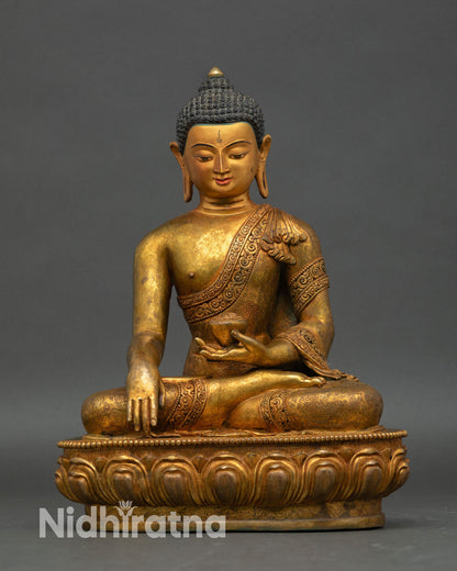 Buddha Shakyamuni statue front view antique style oxidized copper sculpture handmade Newari artisan Nepal
