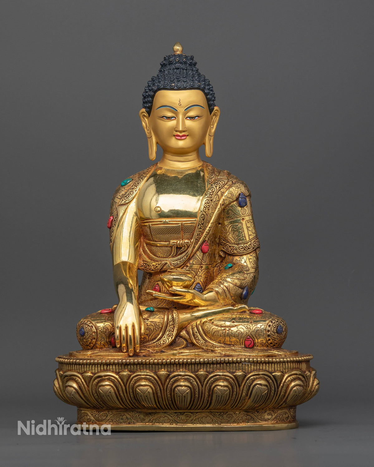 Buddha Shakyamuni statue handcrafted by Newari artisans from Patan Nepal with 24K fire gilding.