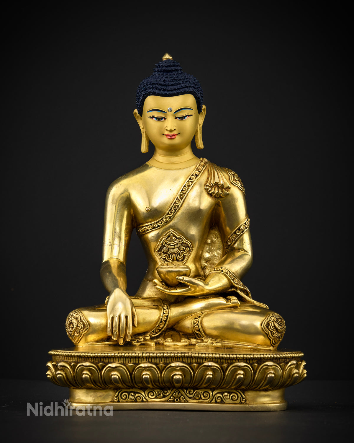 Buddha Shakyamuni Statue handcrafted by Newari artisans in Patan, Nepal, featuring copper construction and radiant 24K gold-gilding.