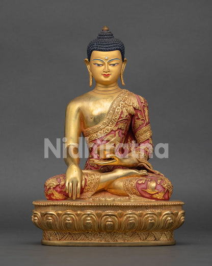 Buddha Shakyamuni Statue, handcrafted from copper with 24K fire gilded gold and gold painted face in Nepal