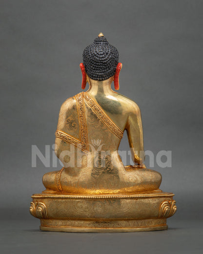 Buddha Shakyamuni Statue showcasing intricate copper details, gold-gilded finishes, and traditional Newari craftsmanship from Patan, Nepal