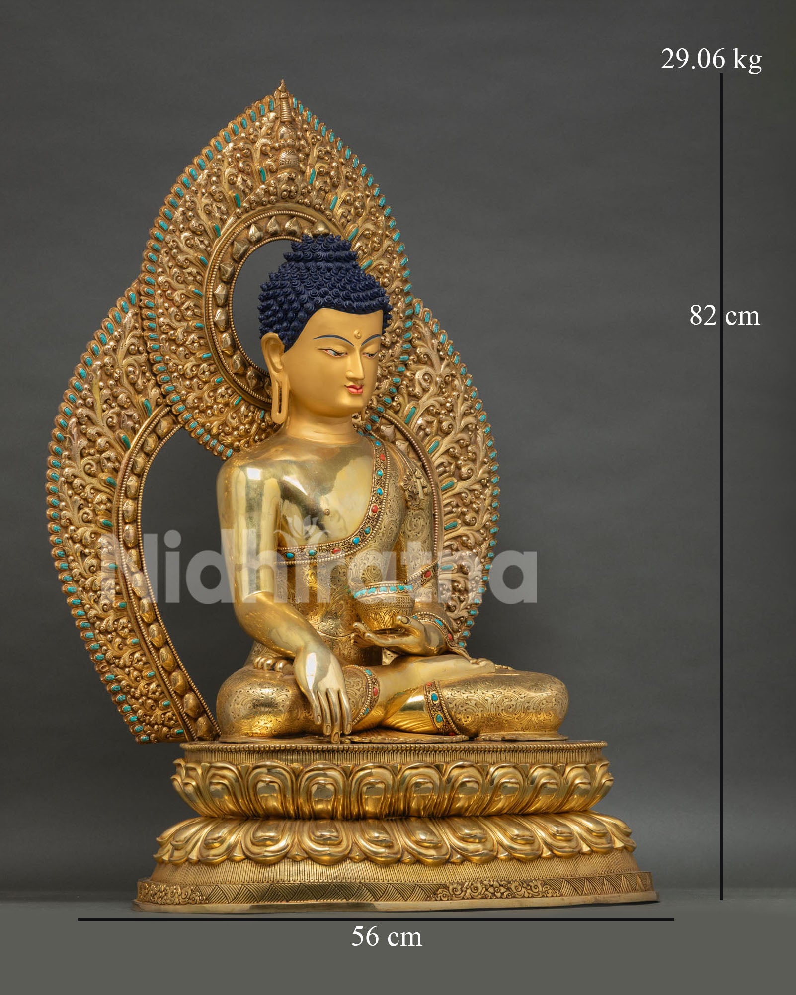 Buddha Shakyamuni Statue side profile with gold-gilded robes and elaborate backdrop