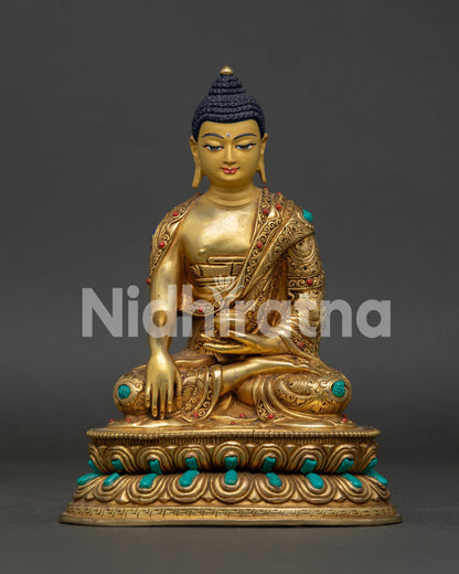 Buddha Shakyamuni Statue with 24K Gold Gilding, Seated on Double Lotus Pedestal