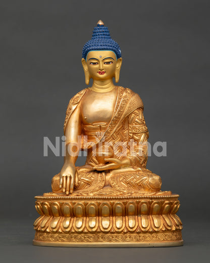 Buddha Shakyamuni statue with 24K gold plating and Bhumisparsha Mudra handcrafted in Nepal