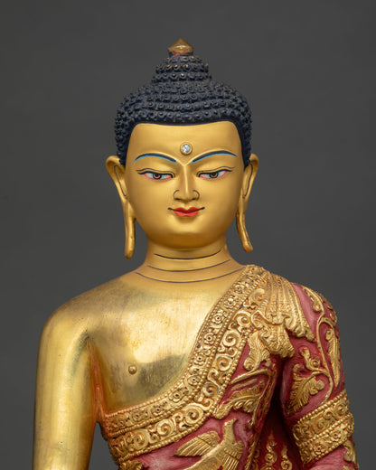 Buddha Shakyamuni Statue with serene gold-painted face, 24K fire-gilded copper craftsmanship, and peaceful enlightened expression