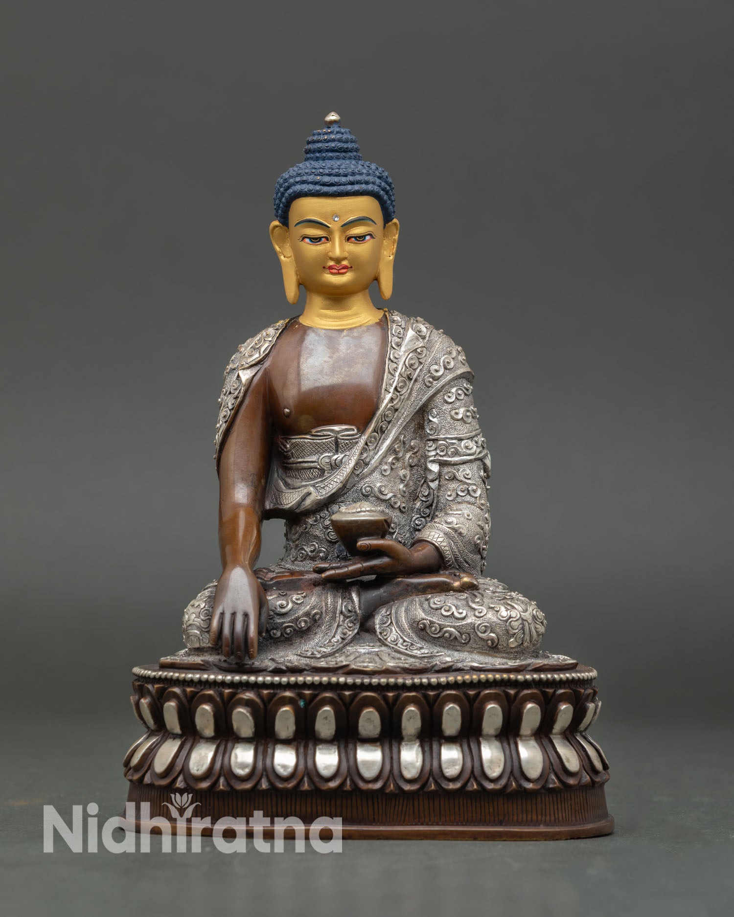 Buddha statue, front view, oxidized copper, 24K gold gilded face, Tibetan lost wax casting meditation altar sculpture