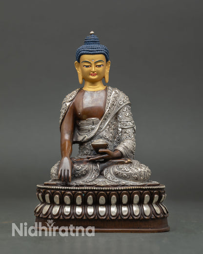 Buddha statue, front view, oxidized copper, 24K gold gilded face, Tibetan lost wax casting meditation altar sculpture