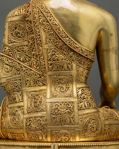 Buddha statue Monk's robe details, embroidered, gemstone inlays, floral patterns