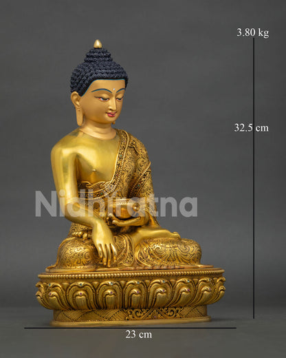 Buddha statue with earth touching mudra and begging bowl, handcrafted by Newari artisans