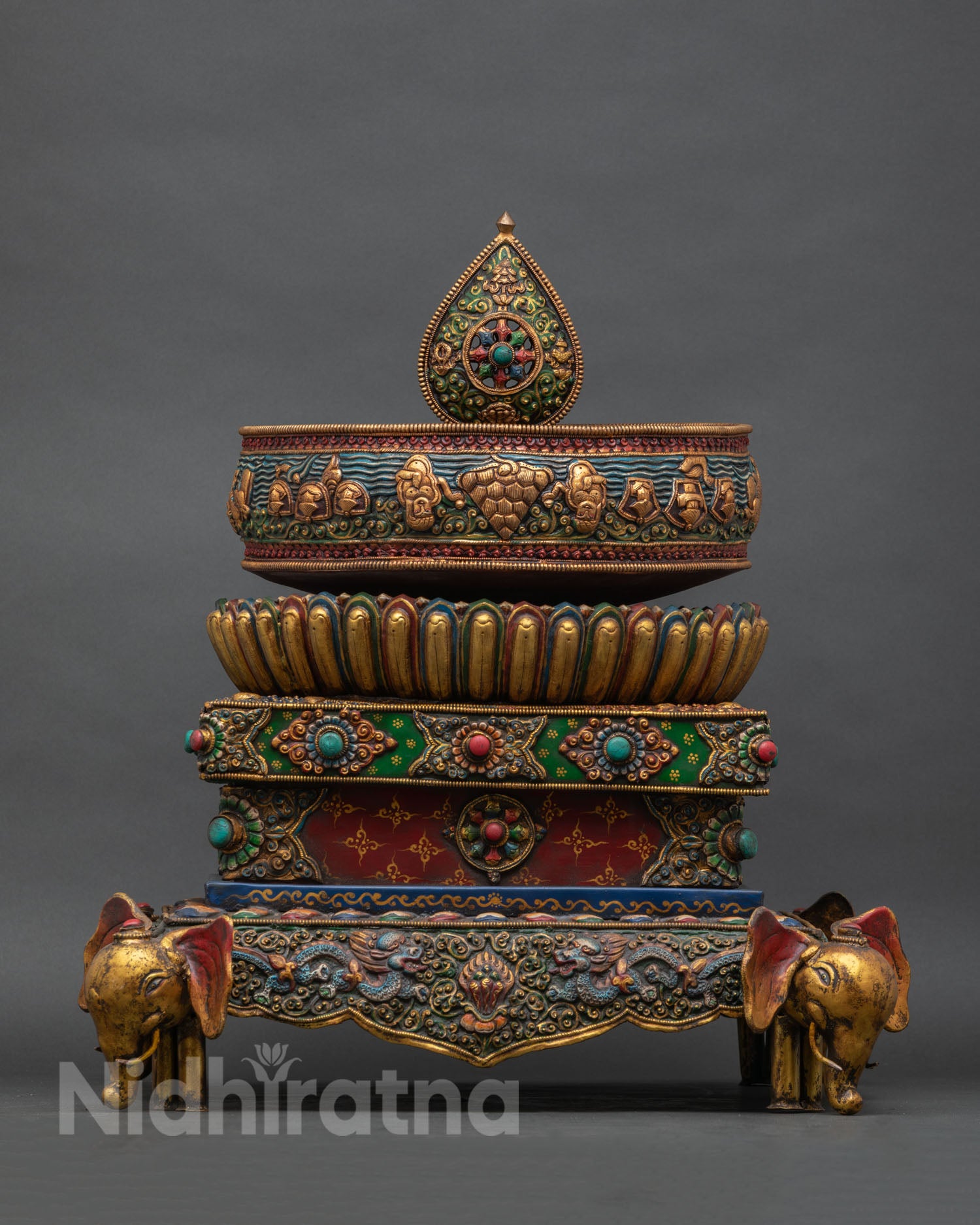 Traditional Tibetan Buddhist Mandala Offering Set with vibrant acrylic and gold details