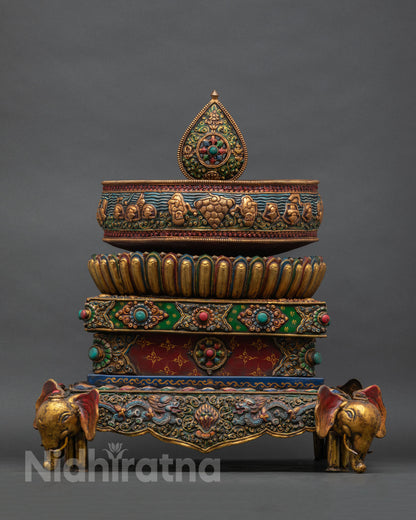 Traditional Tibetan Buddhist Mandala Offering Set with vibrant acrylic and gold details