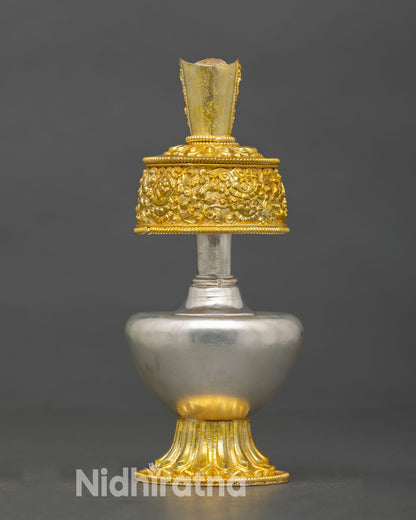 Buddhist Bhumba vase elongated neck turquoise stone inlay ceremonial offering vessel Nepal handmade spiritual altar decor