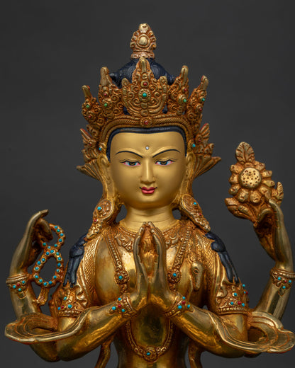Buddhist Chenrezig Statue with gold painted face and semi precious stones
