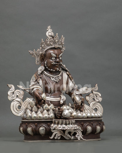 Buddhist Dzambhala Wealth Deity Statue with Oxidized and Silver Plated Copper Finish