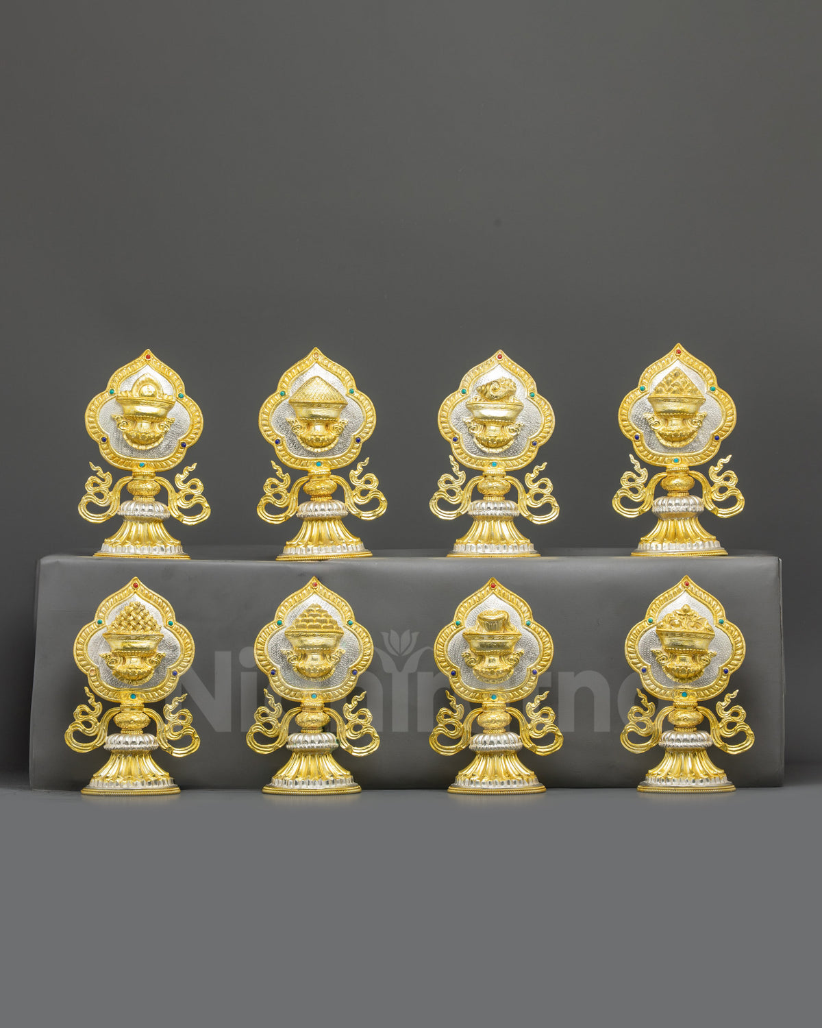 Buddhist Eight Auspicious Substances Set handcrafted in Nepal with copper and stone details