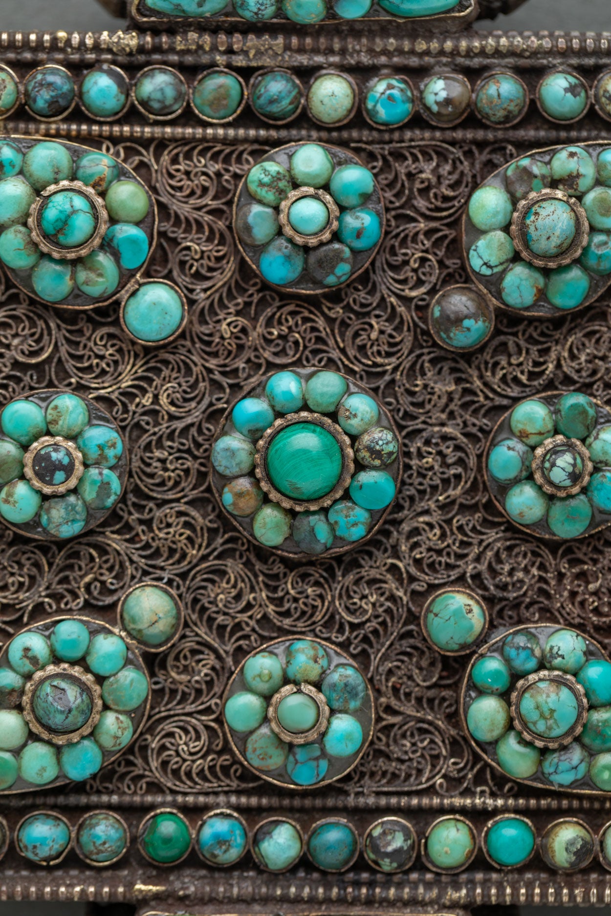 Buddhist Ghau Mala with copper filigree and gemstone inlay