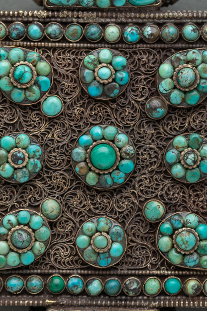 Buddhist Ghau Mala with copper filigree and gemstone inlay