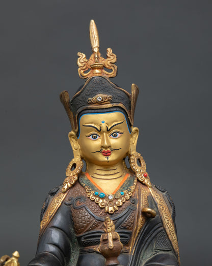 Buddhist Guru Rinpoche Sculpture with Oxidized Copper and Gold-Painted Face 