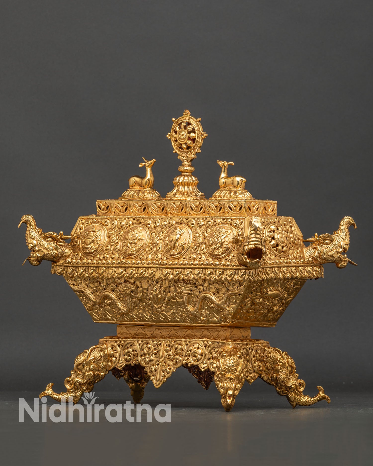 Buddhist incense holder with carved deer, Dharma Wheel and auspicious symbols