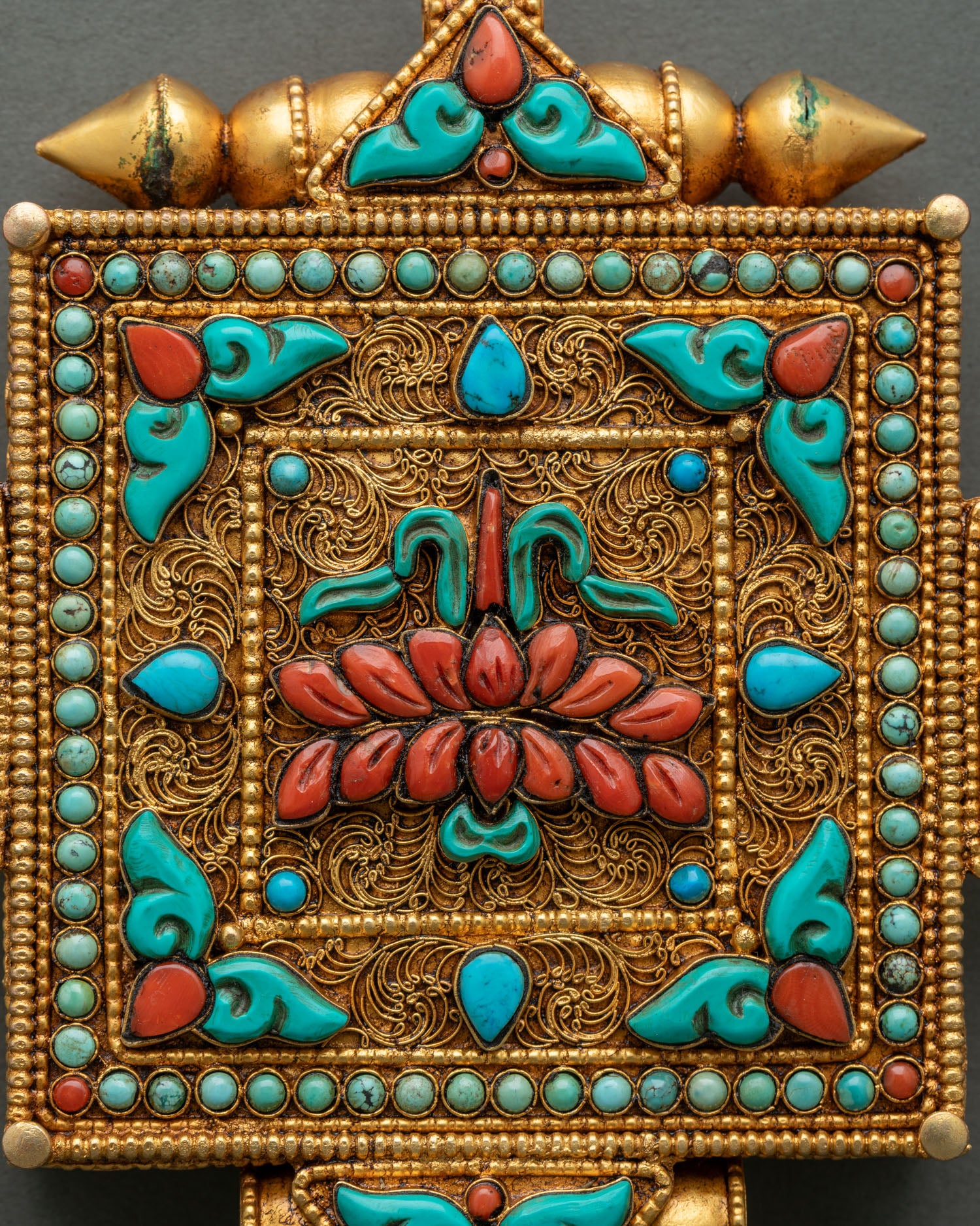 Buddhist Lotus Ghau Mala with filigree artwork turquoise, coral and lotus flower