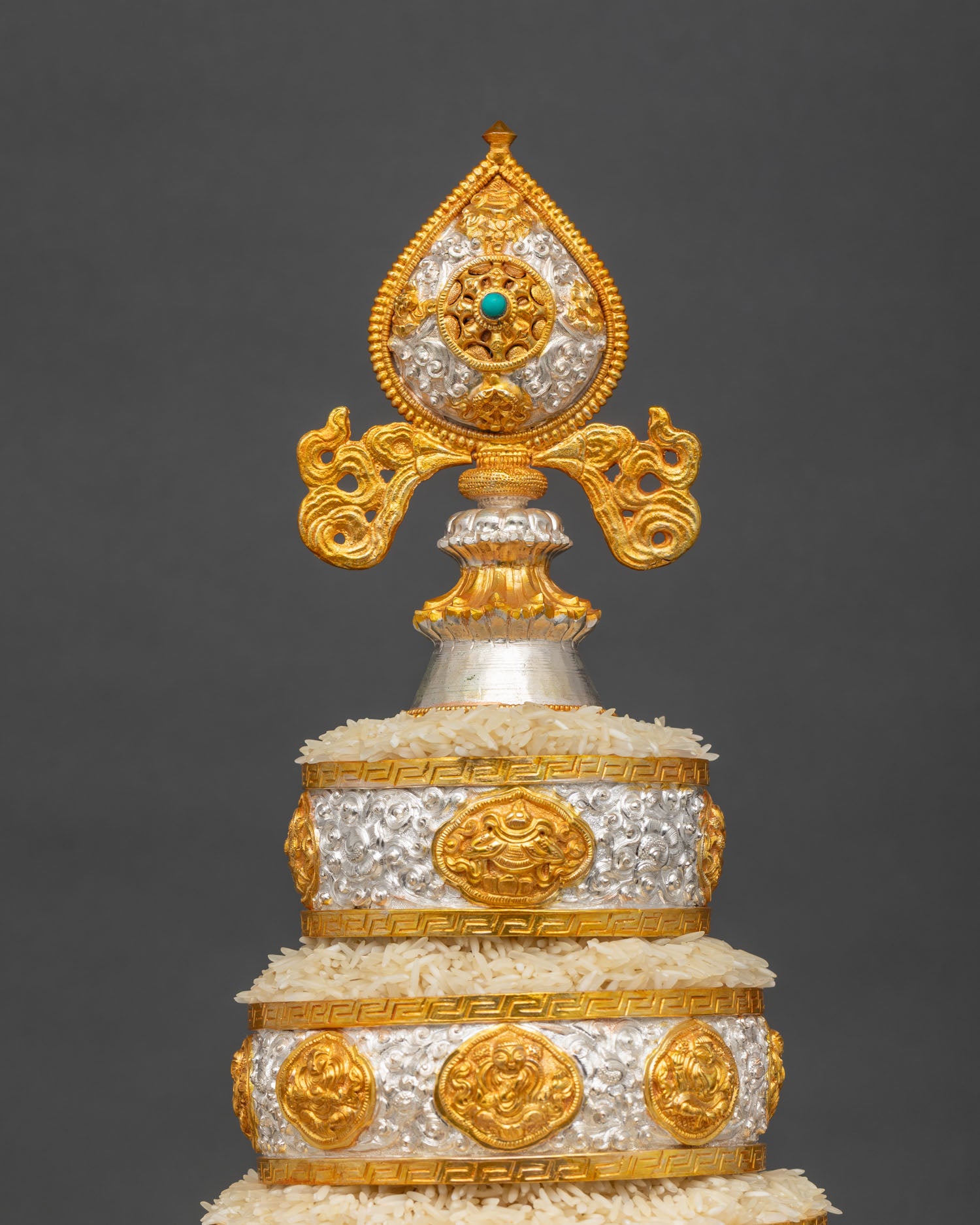 Buddhist Mandala Offering Set with Dharma Wheel and turquoise stone finial