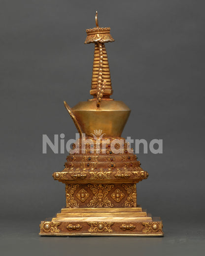 Buddhist Namgyalma Stupa for altar with miniature deity and gold finish