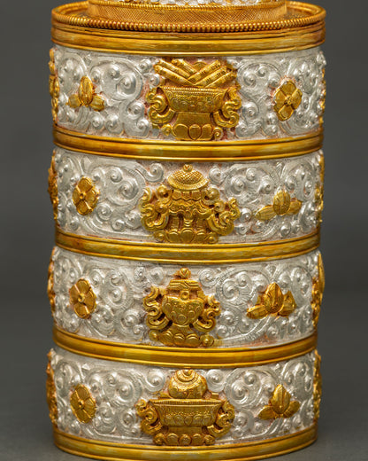 Buddhist ritual rice pot featuring floral carvings and gold silver plated copper