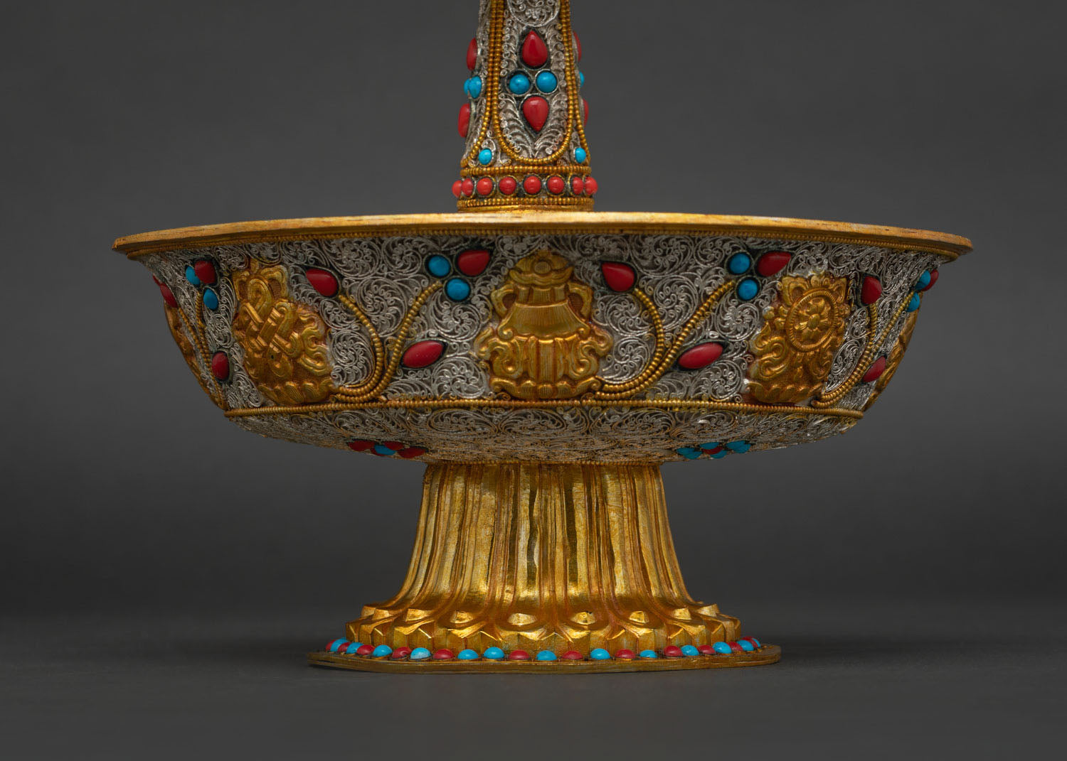 Buddhist Serkyem Offering Set with copper, gold-plated filigree, and turquoise coral inlay