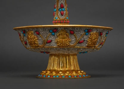 Buddhist Serkyem Offering Set with copper, gold-plated filigree, and turquoise coral inlay