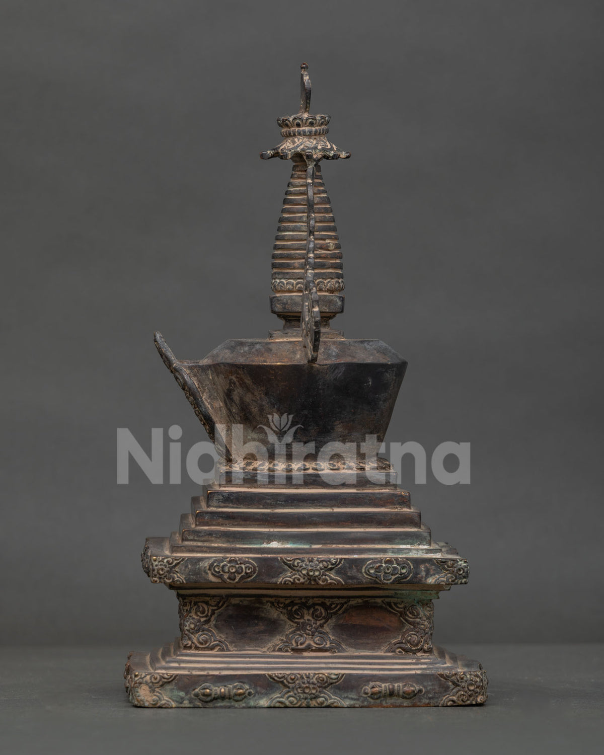 Buddhist Stupa Copper Sculpture with Traditional Oxidized Finish