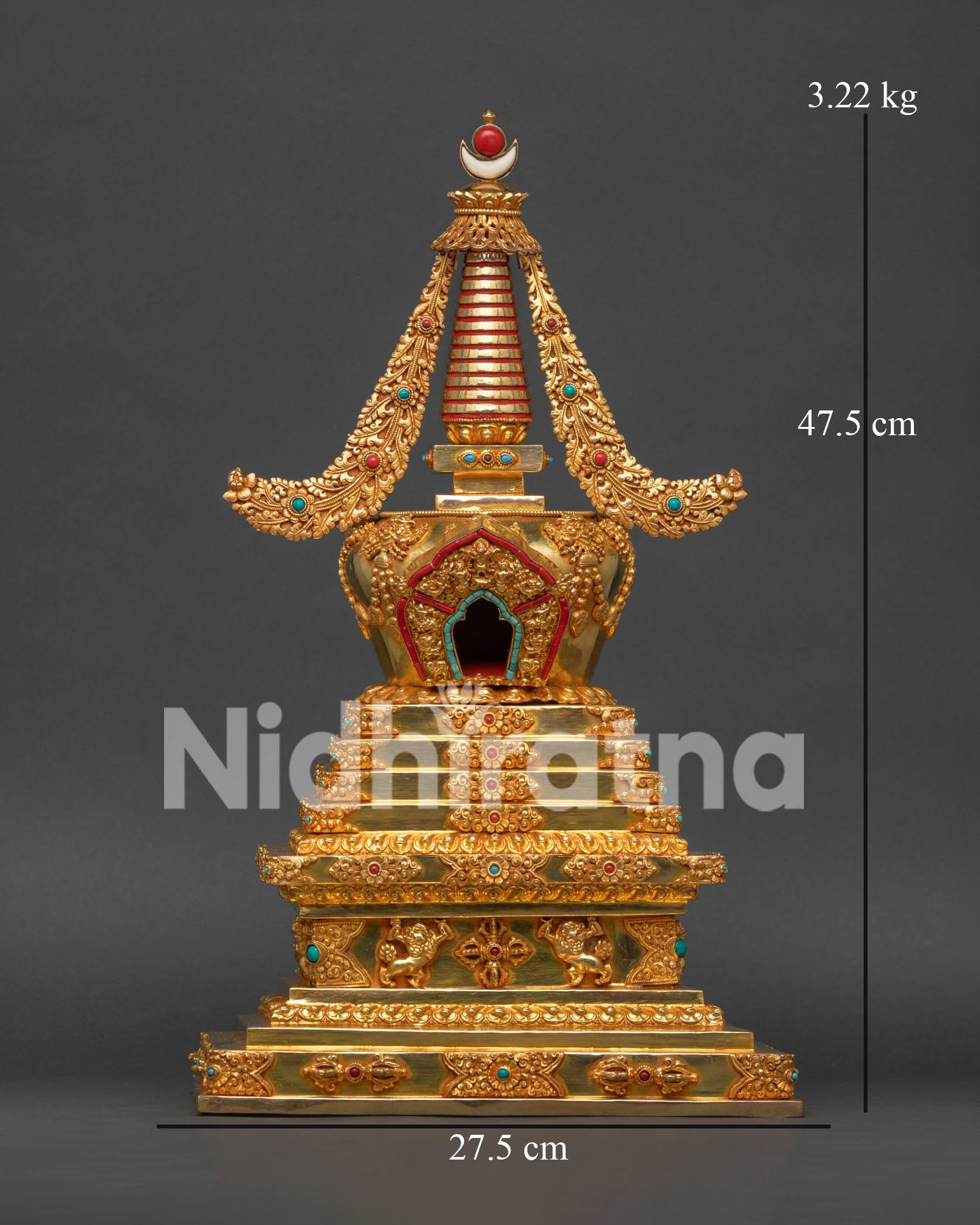 Buddhist Stupa from Nepal with Gold Plated Copper Finish and Semi Precious Stone Details